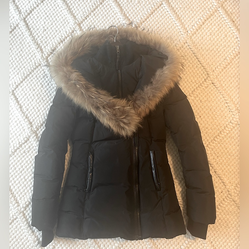 Mackage Black Puffer Coat with asymmetrical zip and fur hood, size small